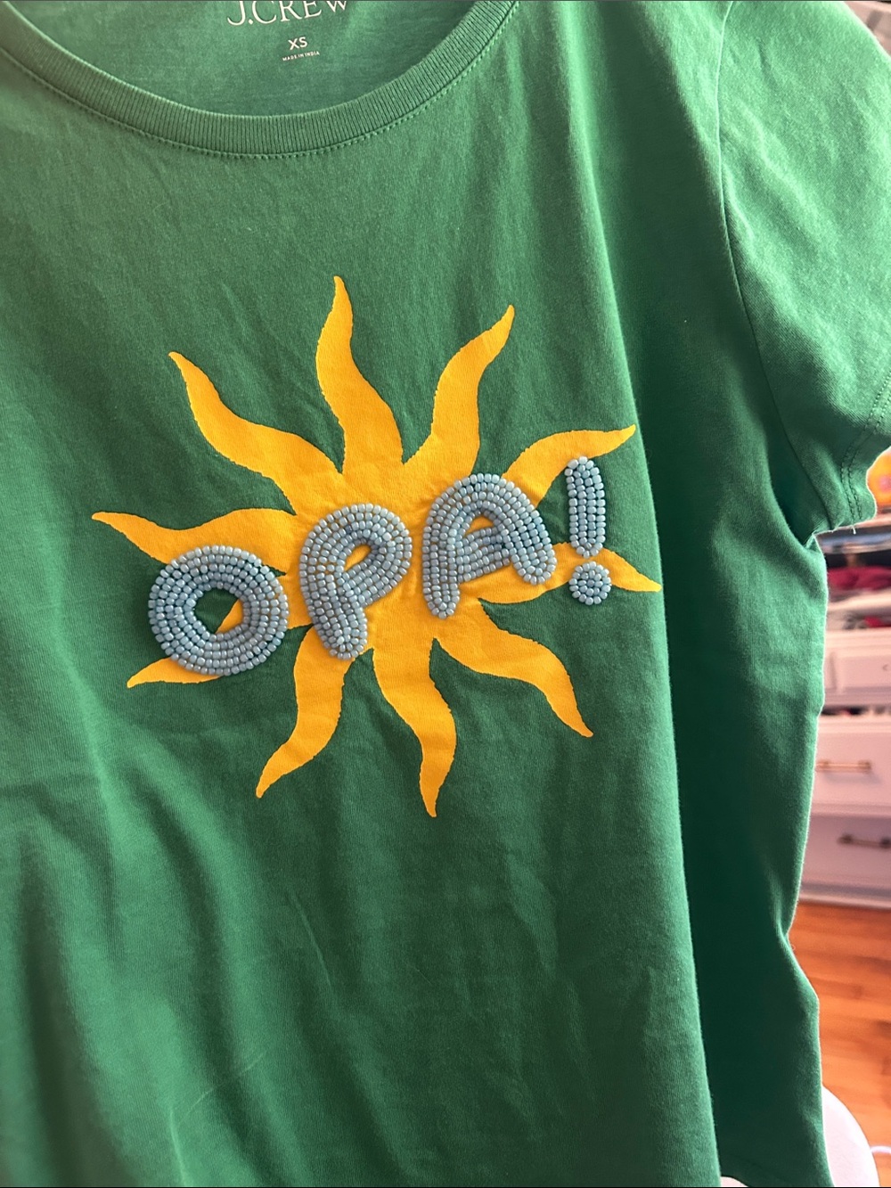 J. Crew Green Short-Sleeve Tee with Yellow Sun and Beaded Light Blue 'OPA!'